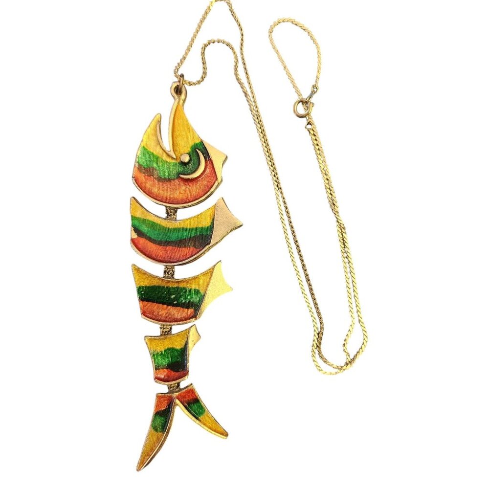 Vintage Rare MCM Articulating Metallic Enamel Fish Pendant Necklace (A5714)
